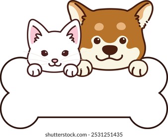 Ilustración simple y adorable de Shiba Inu y gato blanco sosteniendo un hueso