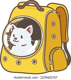 Simple and adorable illustration of white cat in a backpack carrier