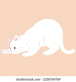 Simple and adorable illustration of white cat playing and hunting flat colored