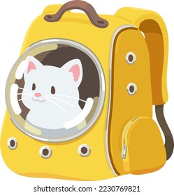Simple and adorable illustration of white cat in a backpack carrier flat colored