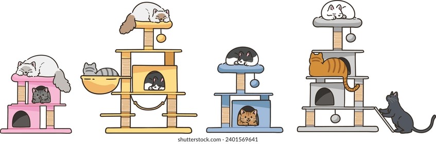 Simple and adorable illustrations of Cats on Cat Towers