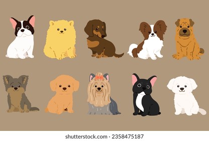 Simple and adorable illustrations of friendly small dogs flat colored