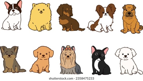 Simple and adorable illustrations of friendly small dogs outlined