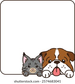 Simple and adorable Maine Coon cat and Bulldog coming out of a square shape