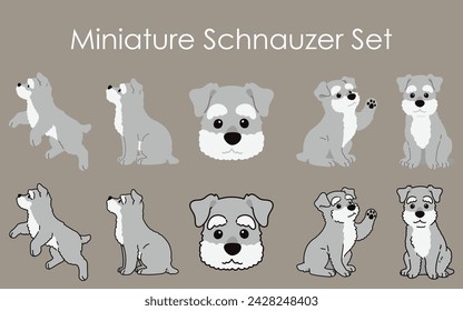 Einfache und entzückende Miniatur Schnauzer Hundeset Illustrationen