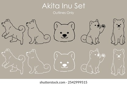 Simple and adorable minimalistic Akita Dog illustrations set outlines only