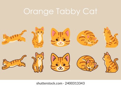 Simple and adorable Orange Tabby Cat illustrations set