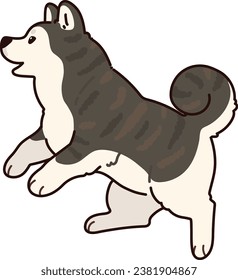 Simple and adorable outlined dark colored Akita Dog jumping and playing