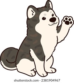 Simple and adorable outlined dark colored Akita Dog sitting and waving