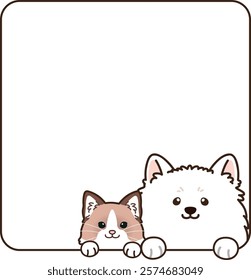 Simple and adorable Ragdoll cat and Spitz dog coming out of a square shape