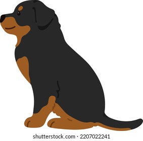 Ilustración simple y adorable del perro Rottweiler sentado en una vista lateral de color plano