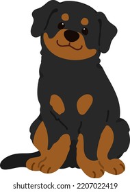 Ilustración simple y adorable del perro Rottweiler sentado en la vista frontal de color plano