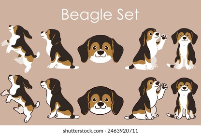 Simple and adorable sable colored Beagle illustrations set