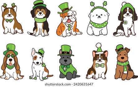 Simple and adorable Saint Patrick's Day illustrations of friendly medium sized dogs outlined