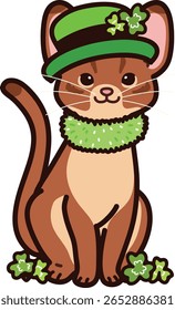 Simple and adorable Saint Patrick's Day illustration of Abyssinian cat sitting in front view