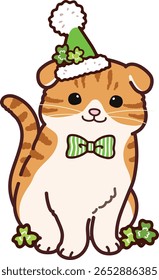 Simple and adorable Saint Patrick's Day illustration of Scottish Fold cat sitting in front view