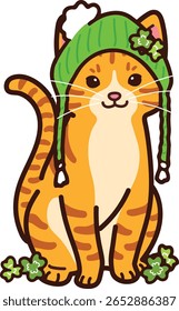 Simple and adorable Saint Patrick's Day illustration of Orange Tabby cat sitting in front view