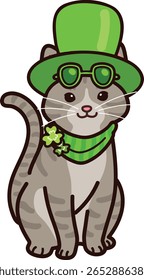 Simple and adorable Saint Patrick's Day illustration of Gray Tabby cat sitting in front view