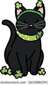 Simple and adorable Saint Patrick's Day illustration of black cat sitting in front view