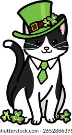Simple and adorable Saint Patrick's Day illustration of black and white cat sitting in front view