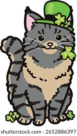 Simple and adorable Saint Patrick's Day illustration of Maine Coon Cat sitting in front view