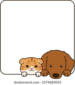 Simple and adorable Scottish Fold and Miniature Dachshund coming out of a square shape