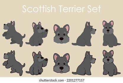 Simple and adorable Scottish Terrier illustrations set