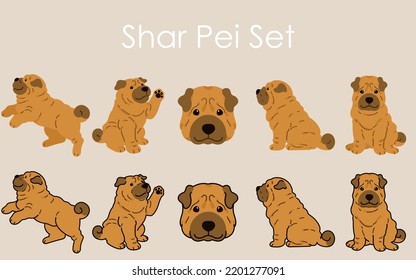 Simple and adorable Shar Pei Dog illustrations set