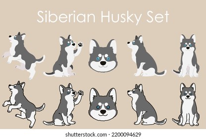 Simple and adorable Siberian Husky dog illustrations set