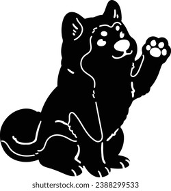 Simple and adorable Silhouette of Akita Dog sitting and waving with details
