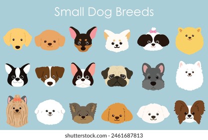 Simple and adorable small dog breeds faces illustration set