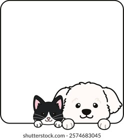 Simple and adorable Tuxedo Cat and Maltese dog coming out of a square shape