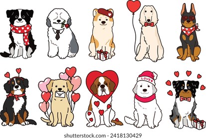 Sencillas y adorables ilustraciones del Día de San Valentín de perros grandes amistosos delineadas