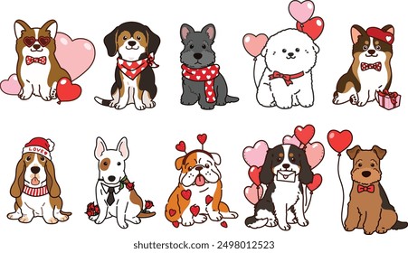 Simple and adorable Valentine's Day illustrations of friendly medium sized dogs outlined