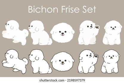 Simple and adorable white Bichon Frise illustrations set