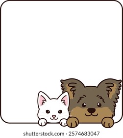 Simple and adorable white cat and Yorkshire Terrier coming out of a square shape