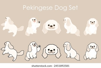 Conjunto de ilustraciones de perro pequinés blanco simple y adorable