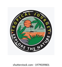 Simple adventure badge logo logo design with moon, beach and tropical view illustration.