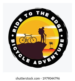 Simple adventure badge logo logo design with big moon, tropical beach and biker illustration.