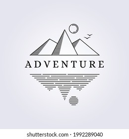 simple adventure mountain lake logo vector illustration line art design monoline linear outline creative