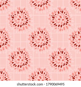 Simple african seamless patern with dot circles. Traditional ornament on soft pink background with check. Designed for wallpaper, textile, wrapping paper, fabric print. Vector illustration.