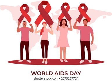 Afiche del día simple del SIDA con gente sosteniendo cintas en el fondo del mapa mundial