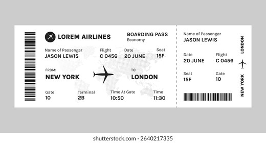 Simple airline boarding pass template design. Flight ticket mockup in minimal vector illustration