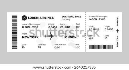 Simple airline boarding pass template design. Flight ticket mockup in minimal vector illustration