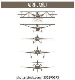 Einfaches Flugzeug, frontale Aussicht - altmodisch und modern: Vektorgrafik, editierbar 