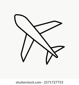 Simple airplane icon in black outline. Minimalist aircraft vehicle design, isolated vector element. Perfect for travel or aviation themes. Simple black line art doodle vector.