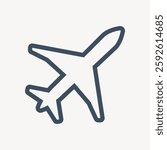 Simple airplane icon in dark blue on a light background. Airplane icon represents travel, aviation, and flight. Minimalist airplane design for aviation themes. Isolated vector illustration.