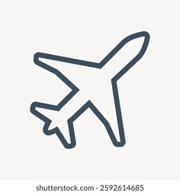 Simple airplane icon in dark blue on a light background. Airplane icon represents travel, aviation, and flight. Minimalist airplane design for aviation themes. Isolated vector illustration.