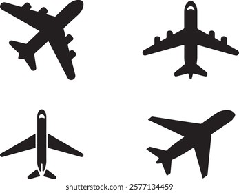 Simple airplane silhouette vector icon set on a white background