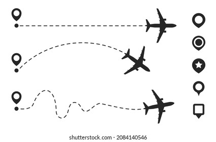 Einfache Fluglinienführung mit Kartenstiften. Flugzeuge beschlagnahmten Streckenweg. Flugreise, romantische Reise, Geschäftselement und Flugstrecken Vektorgrafik einzeln auf weißem Hintergrund